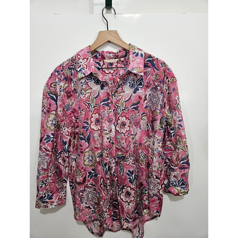 Soft Surroundings M Pink Floral Button Down Blouse 3/4 Sleeve Boho Botanical